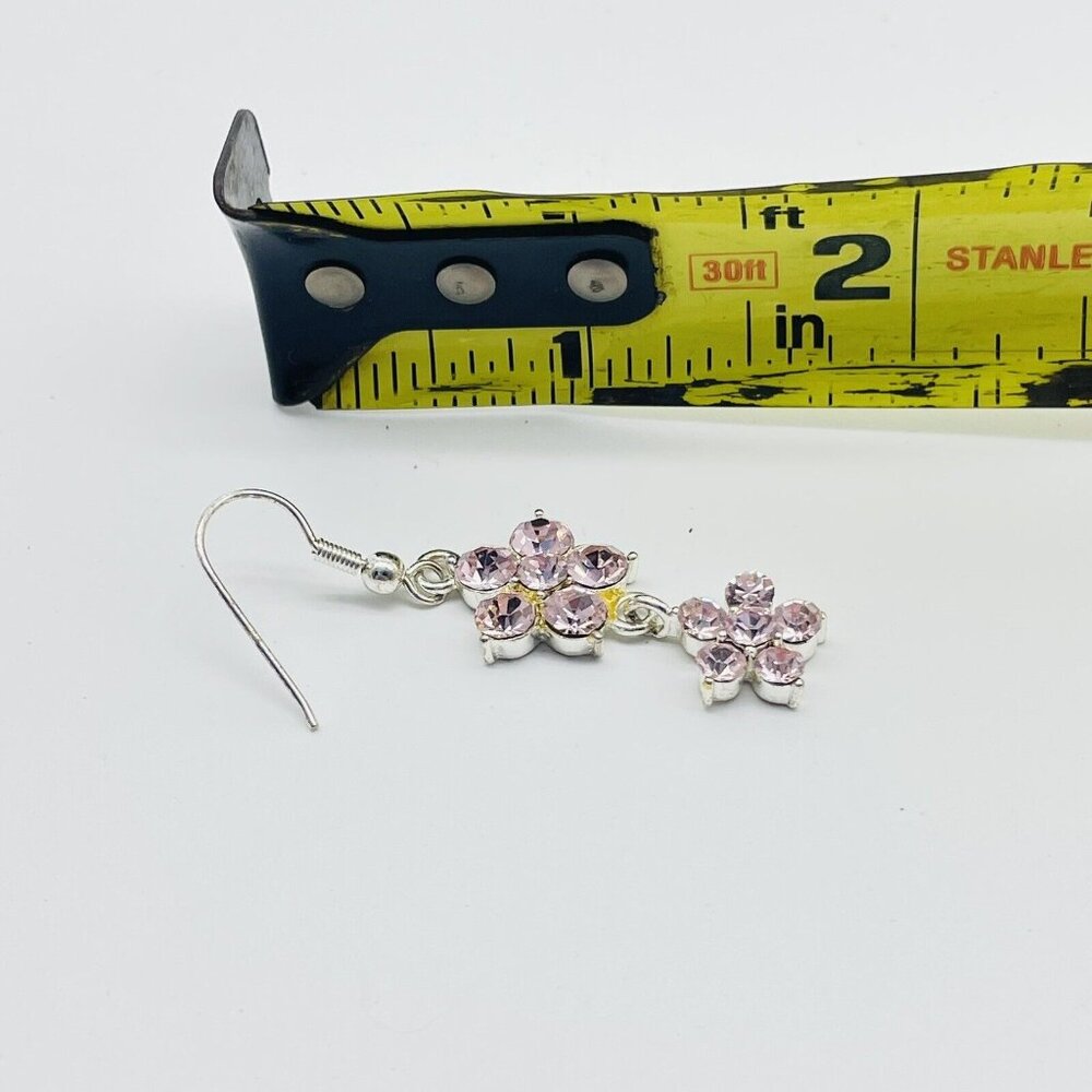 Flower Drop Pierced Earrings Silver Tone Pink Rhinestone Floral Garden Glam - Picture 4 of 6